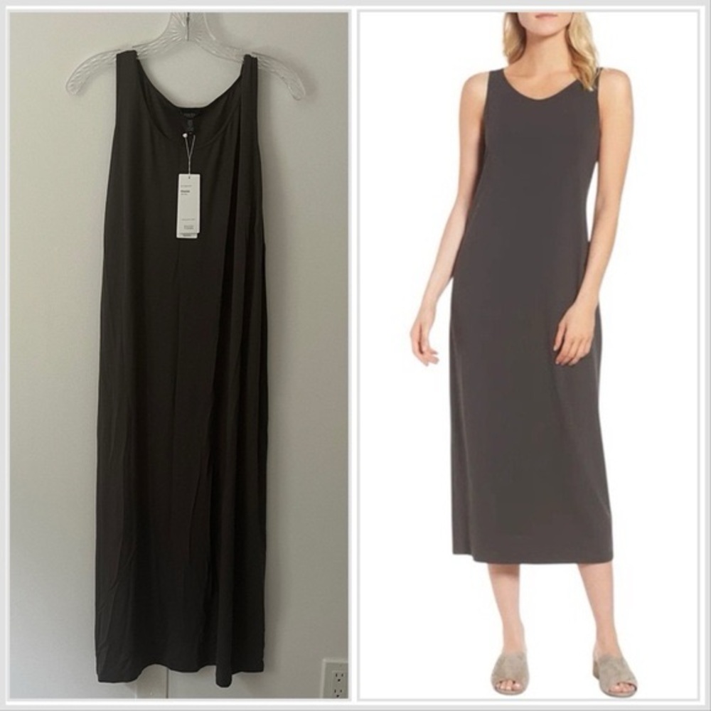 NWT Eileen Fisher Bark Color Scoop Neck Camisole Knee Length Dress Petite Large
